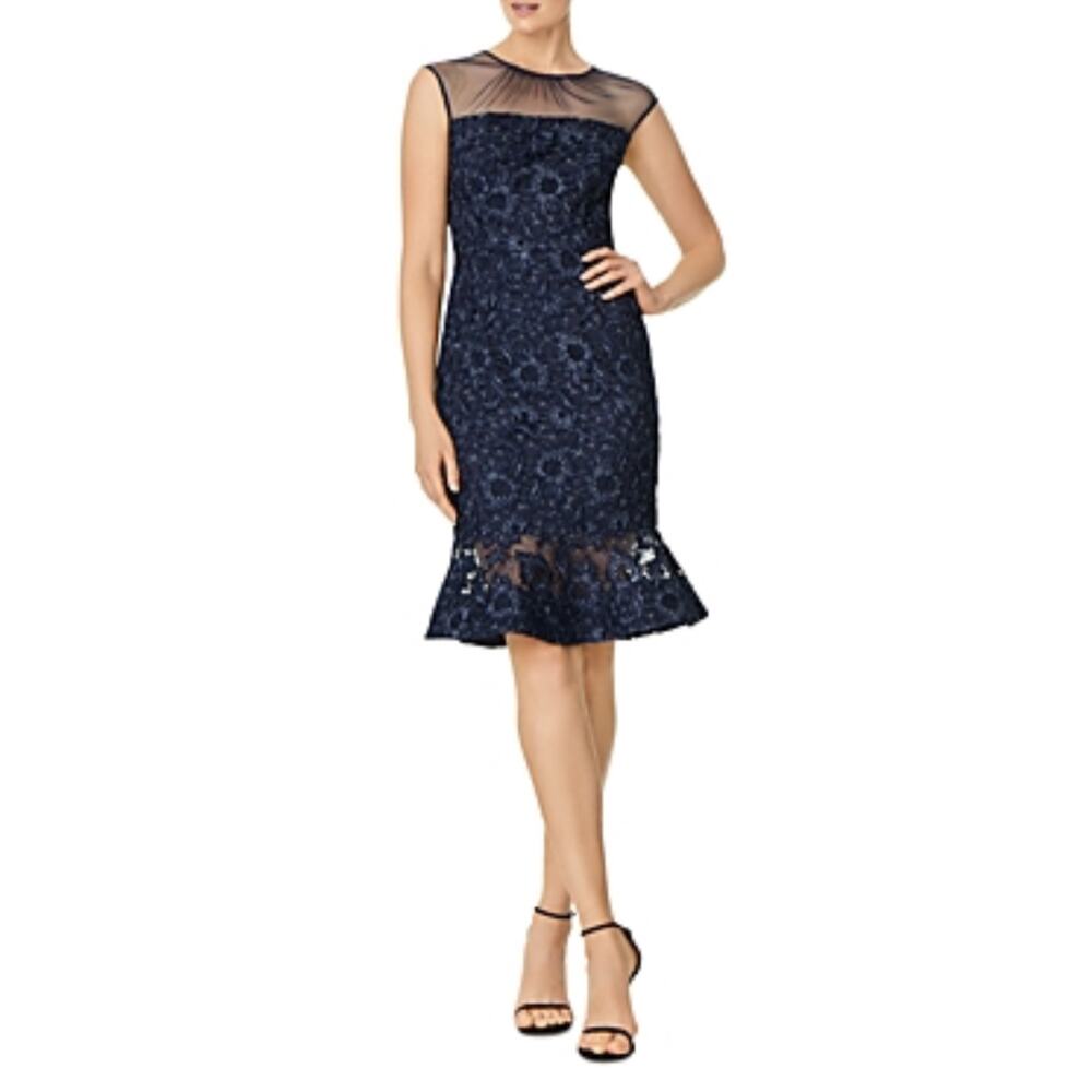 Aidan Mattox Lace Sleeveless Midi Sheath Party Cocktail Dress Blue Size 10 - Picture 1 of 11
